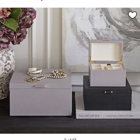 Pottery Barn Small Quinn Grey Leather Jewelry Box Foil Debossed Retired - Picture 3 of 13